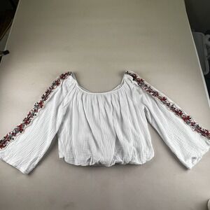 Mi Ami Women's White Embroidered Crop Blouse Long Sleeve Sz L Boho Whimsical